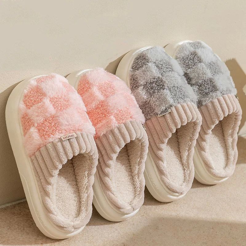 Fashion Couple Winter Slides Warm Plaid Fluffy Slippers Soft