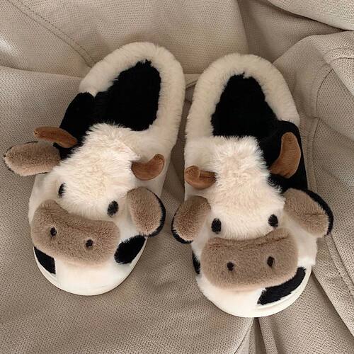 New Winter Unisex Cartoon Cow Warm Plush Slippers Couple's I