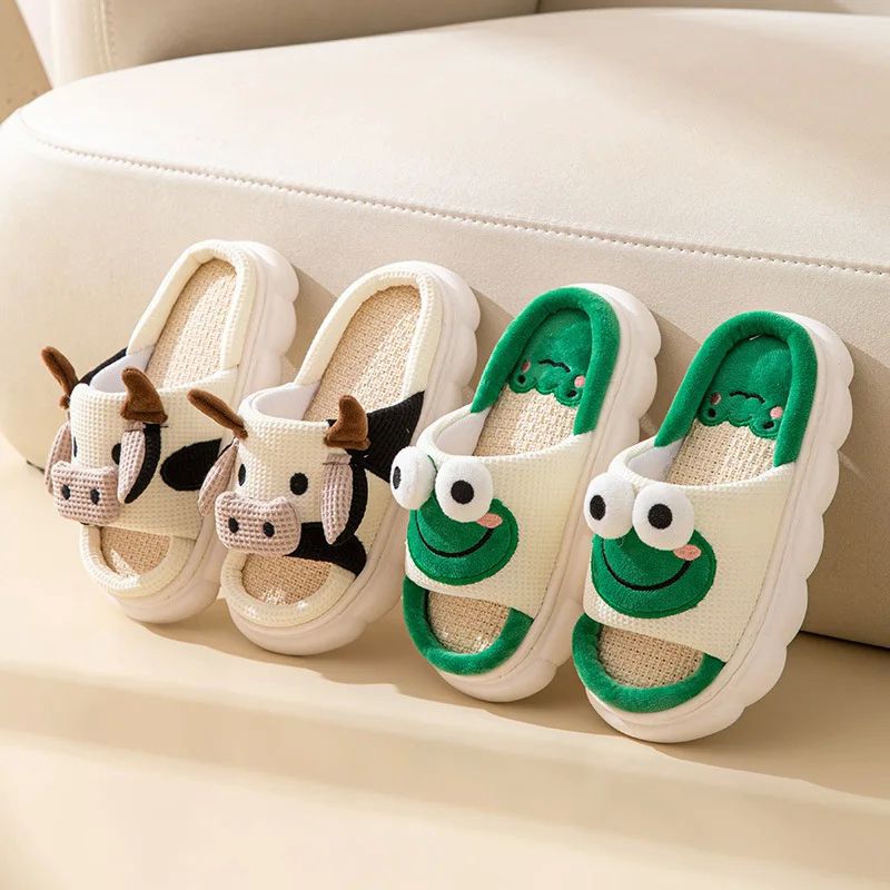 New Women Cow Linen Home Slippers Men Four Seasons Indoor Fl