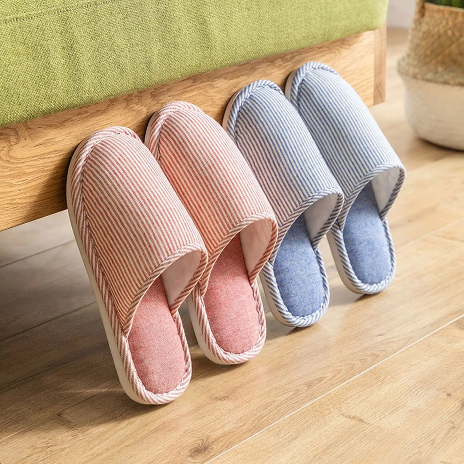 Unisex Autumn Winter Home Plush Slippers Women and Men Strip