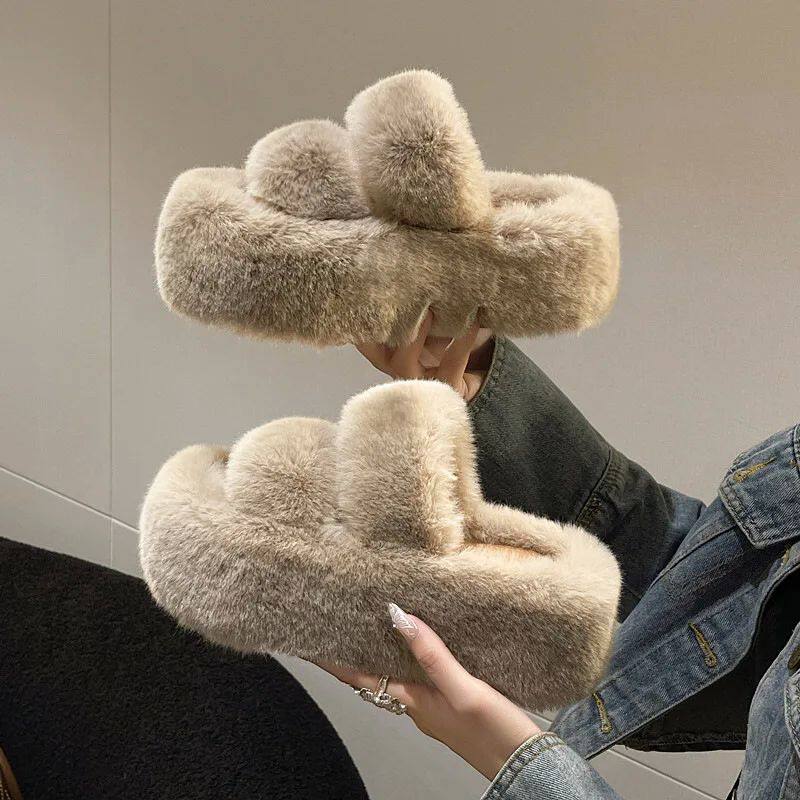 Winter Fluffy Slippers for Women Warm Fur Home Indoor Slides