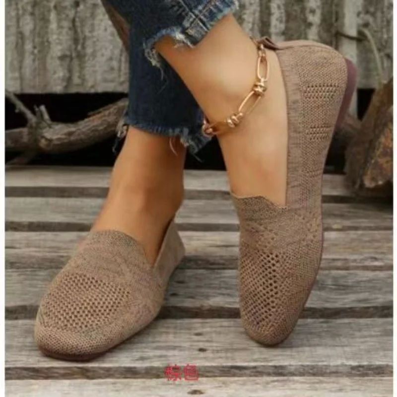 Flat Mesh Knitted Striped Flats Shoes for Women Autumn New L