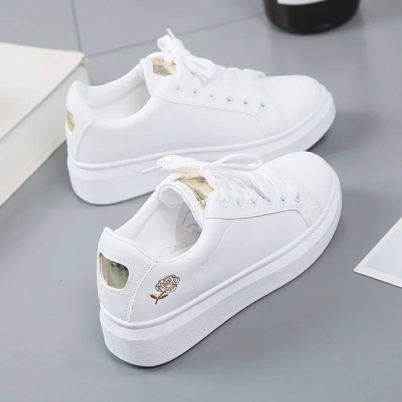Baskets Blanches Brodées en Cuir PU pour Femme, Chaussures