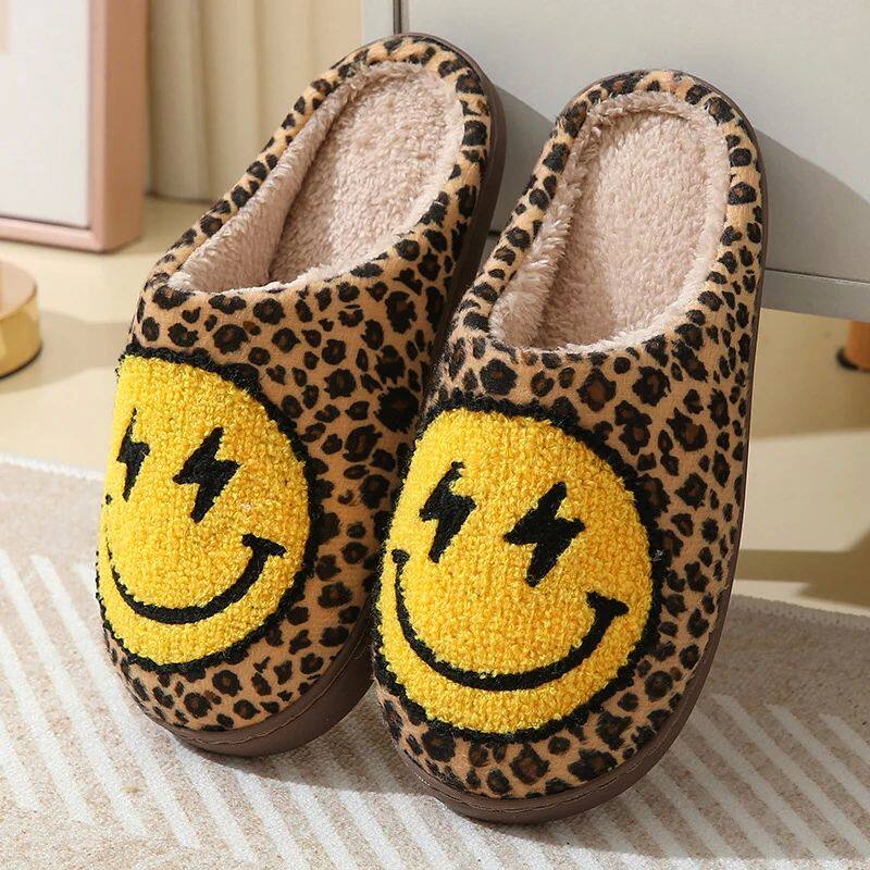 Indoor Leopard Plush Slippers Women Winter Smile Face Warm F