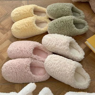 Concise Solid Color Home Slippers Women Fluffy Winter Warm I
