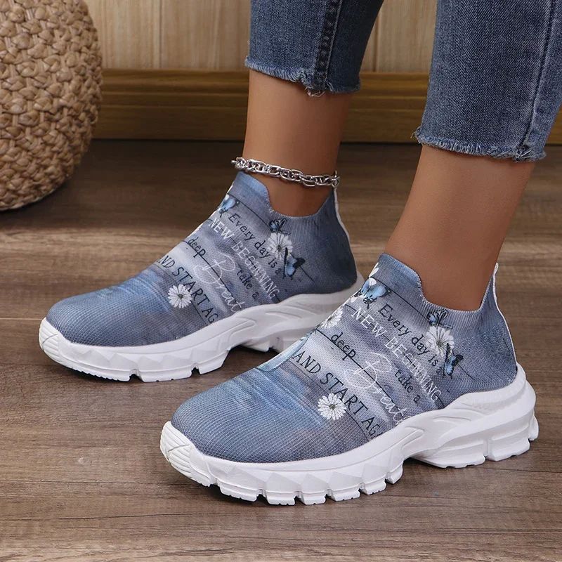 Lucyever Autumn New Prints Knitted Sneakers Women Plus Size