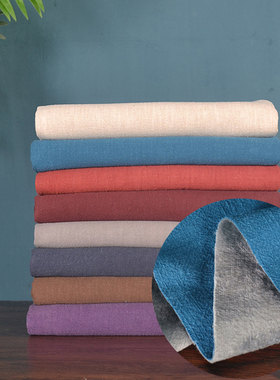 纯色加厚双层棉麻布料加绒亚麻服装面料苎麻布紫色冬季棉袄大衣布