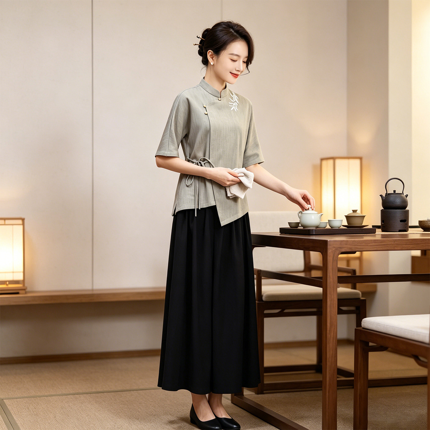 新中式茶服工作服茶楼茶艺师服装禅意国风茶馆服务员工服夏季短袖