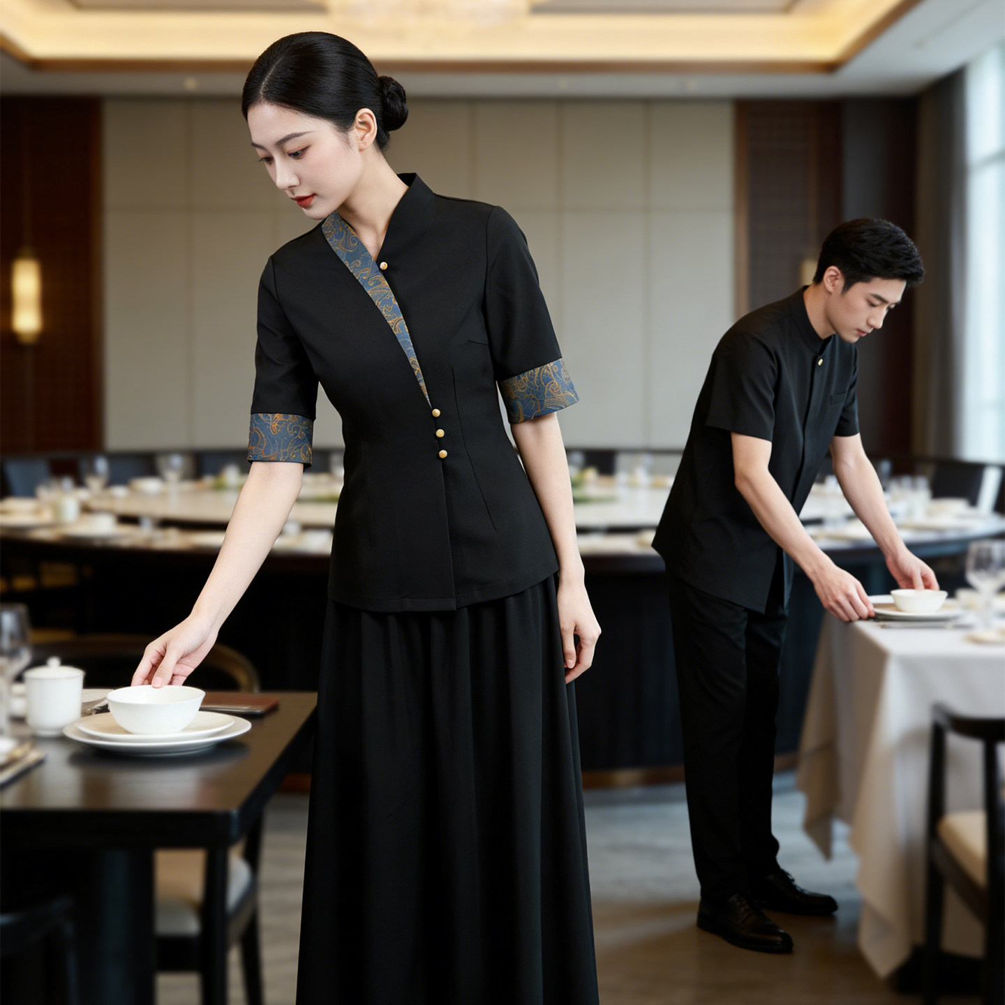 高端新中式餐饮制服酒店会所茶楼服务员工装国风接待服务员服装