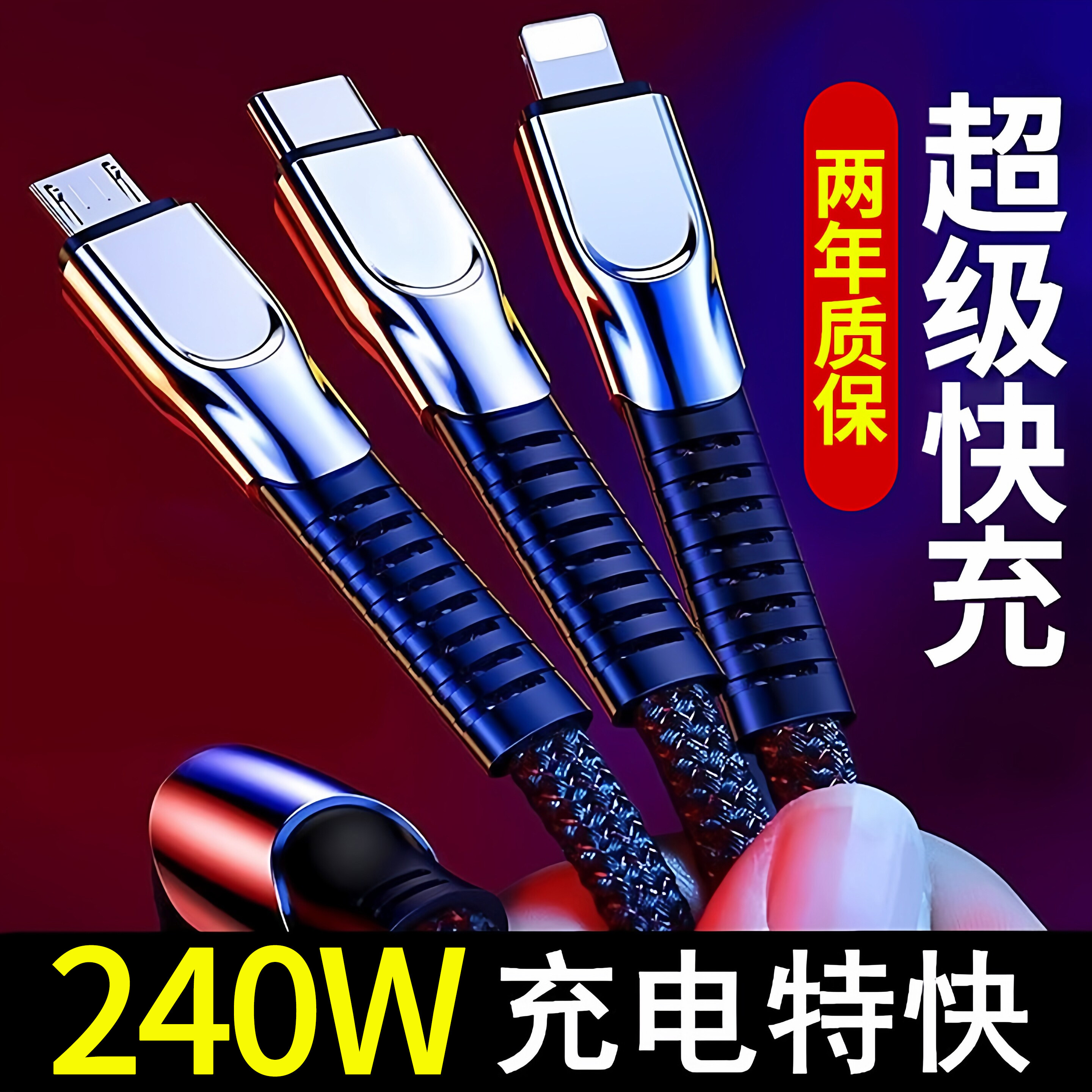 手机充电线三合一超级快充适用华为oppo荣耀vivo数据线快充一拖三