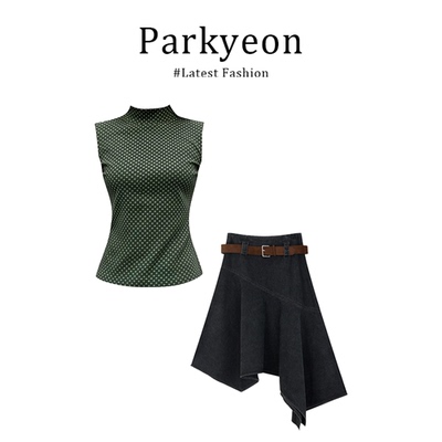 初夏复古风半高领波点无袖上衣女不规则半身裙时尚套装