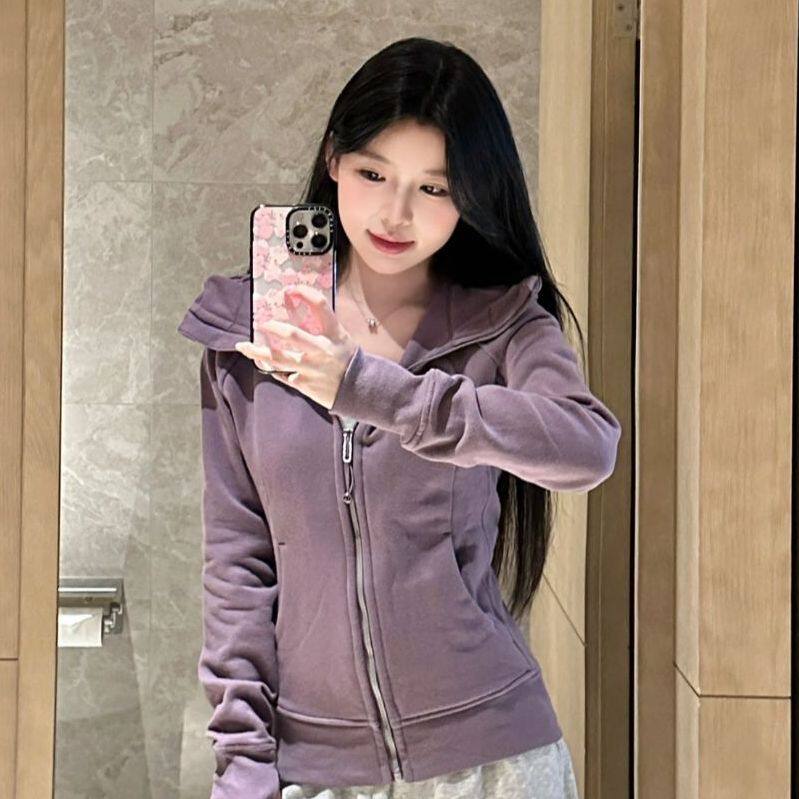 女修身卫衣绒连帽运动健身开衫显瘦外套多巴胺韩系上衣拉链百搭潮