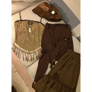 美拉德穿搭开衫 吊带上衣半裙三件套 女早秋新款 波西米亚风复古套装