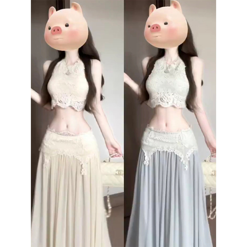 2025夏季新款镂空拼接短款无袖背心上衣高腰显瘦半身长裙两件套女