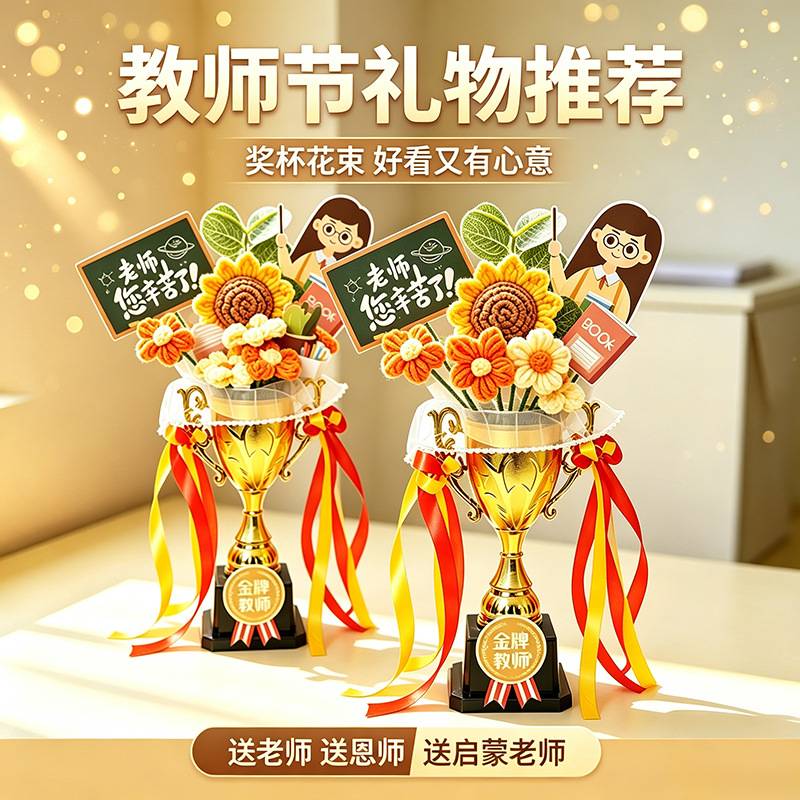 教师节奖杯花束创意礼物送老师针织花束桌面装饰品教师节礼品