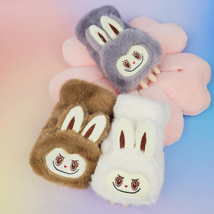 冬季毛绒翻盖手套保暖加绒加厚防风可爱卡通学生写字两用半掌漏指