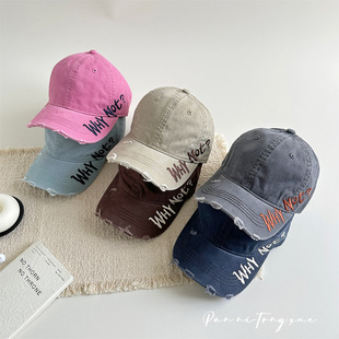 儿童复古美式 百搭侧刺绣字母鸭舌帽 水洗棒球帽做旧破洞男女宝四季