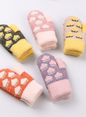 儿童玩雪手套冬季加绒加厚保暖连指防丢绳男女童桃心Snow Mittens