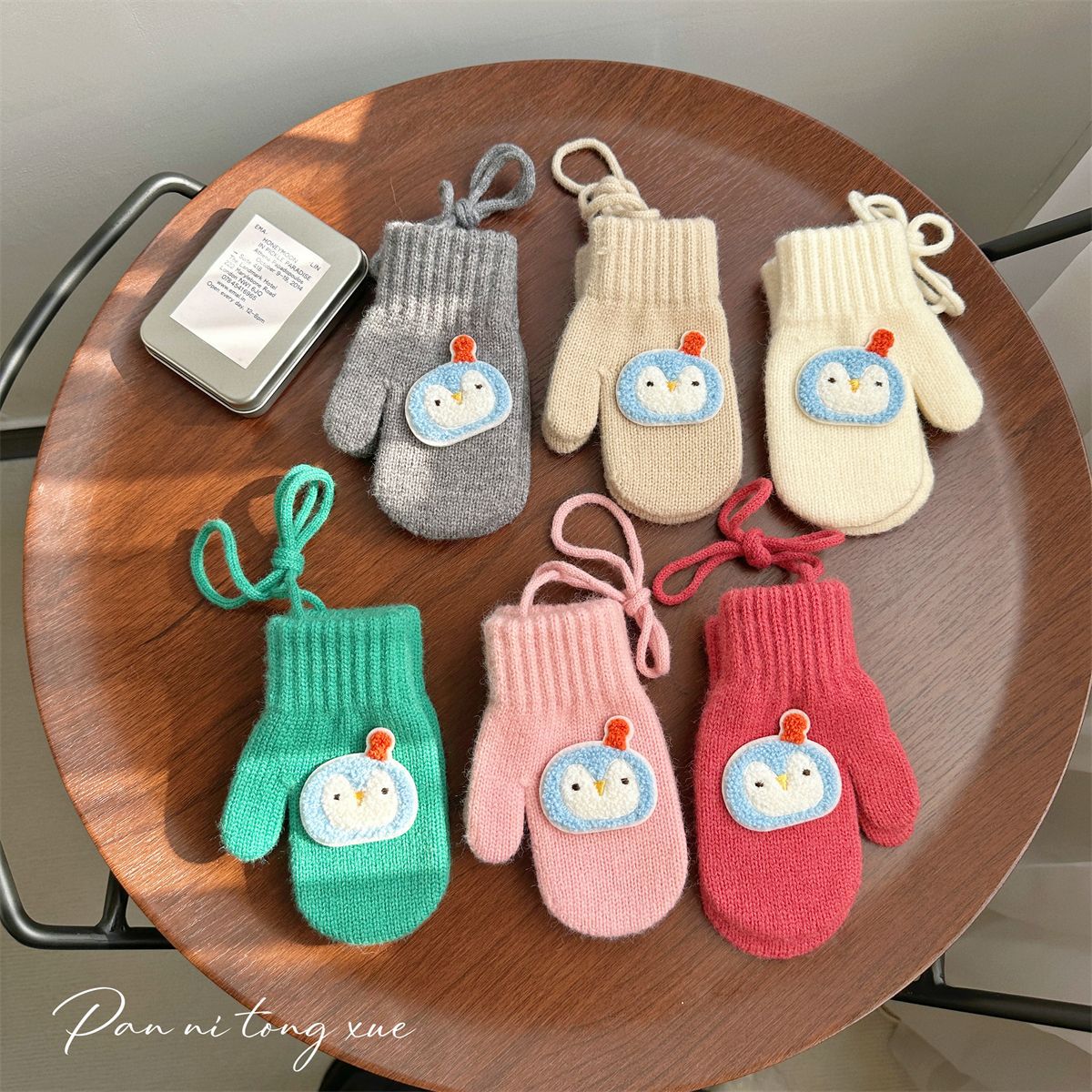 秋冬韩版儿童包指挂脖毛线手套可爱企鹅男女童防风针织保暖手套