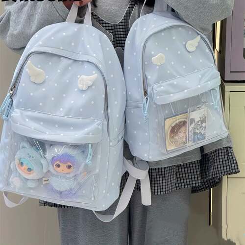 日系波点透明娃包双肩包高颜值可爱女学生书包二次元吧唧痛包背包