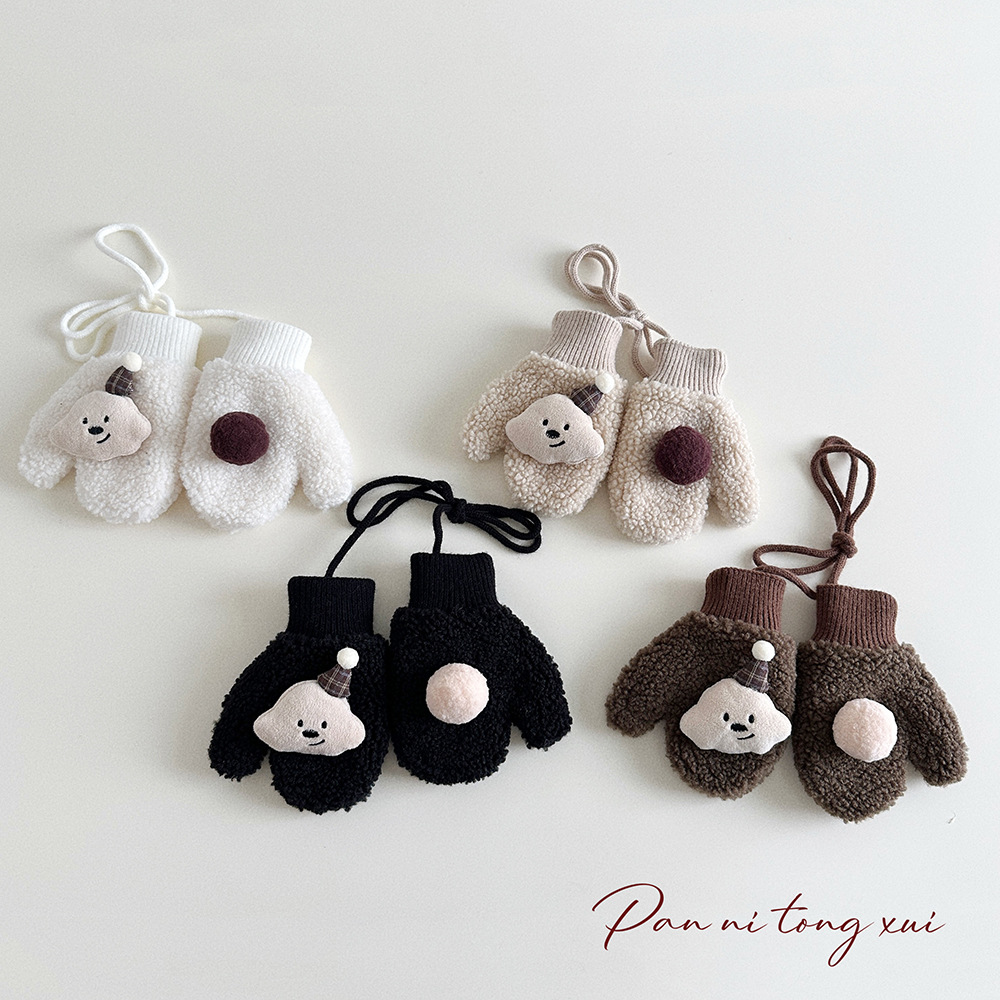 儿童手套冬季可爱卡通加绒保暖小童挂脖包指羊羔毛宝宝手套