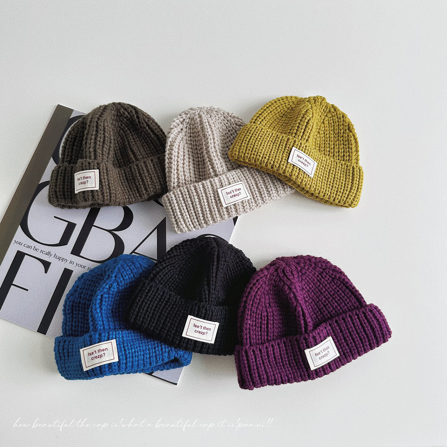 儿童帽子贴布纯色针织毛线帽宝宝秋冬简约百搭冷帽男童护耳保暖帽