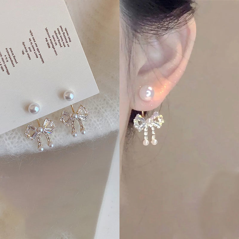 甜美蝴蝶结珍珠锆石耳钉女气质一款两戴耳环