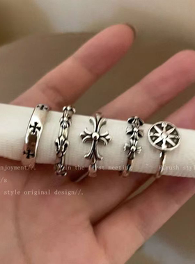 暗黑复古做旧小众个性镂空五角星古色戒指女ins开口可调节指环