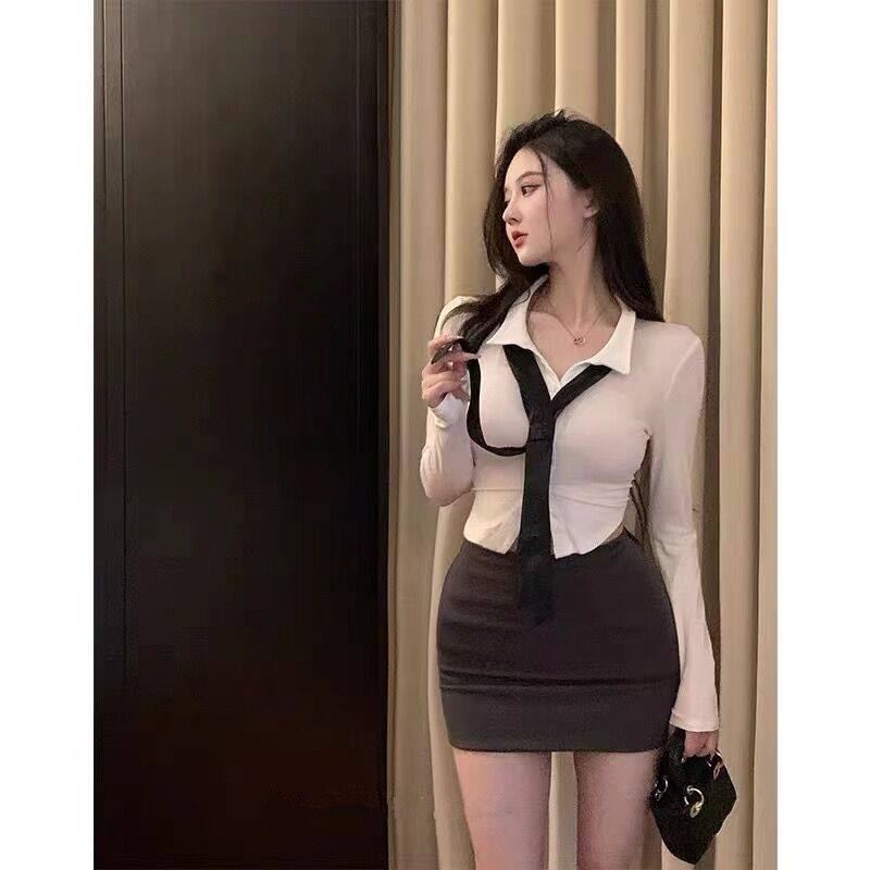 套装纯欲收腰白色衬衫女修身显瘦辣妹上衣长袖性感衬衣半身包臀裙