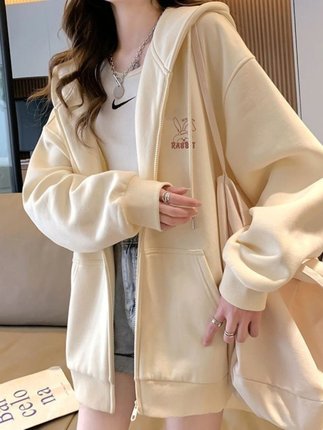 加绒加厚卫衣女秋冬新款学生休闲宽松运动连帽开衫拼色拉链外套