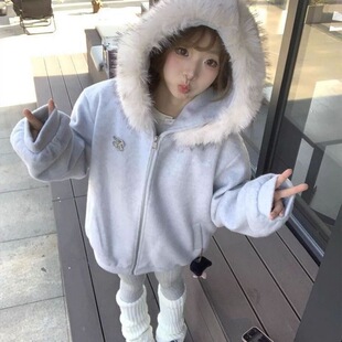 毛领连帽卫衣外套女2026新款秋冬韩系慵懒风宽松保暖呢子棉衣加厚