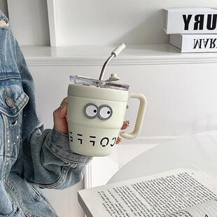 沐韩创意不锈钢马克杯男女生带把手保温杯办公室高颜值吸管水杯子