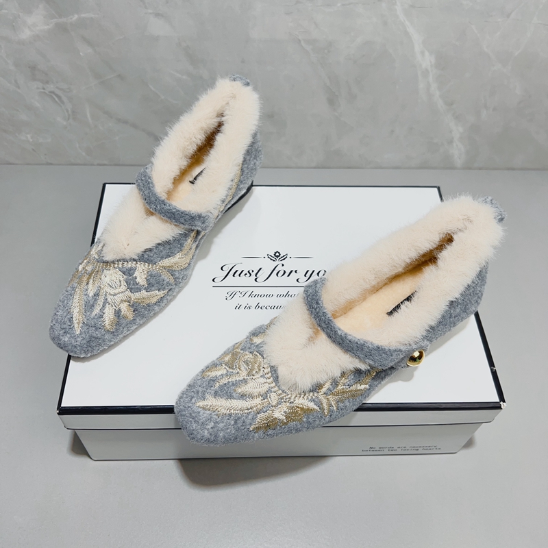 新中式国风方头粗跟毛毛鞋女