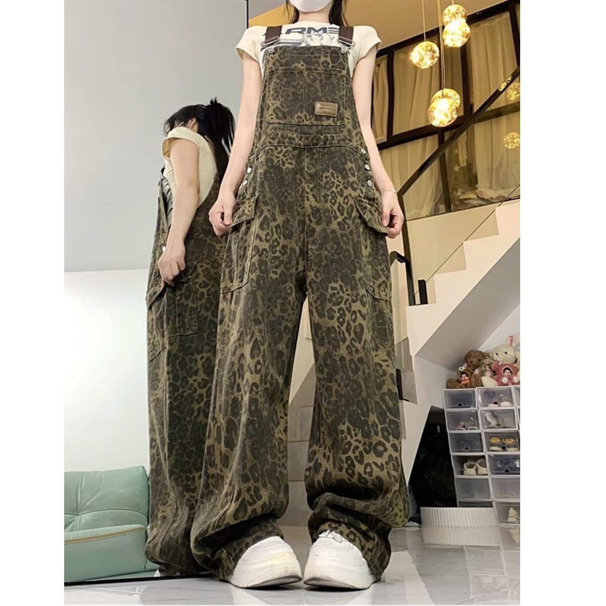美式复古豹纹牛仔背带裤工装口袋连体显瘦街头宽松直筒阔腿碎花裤
