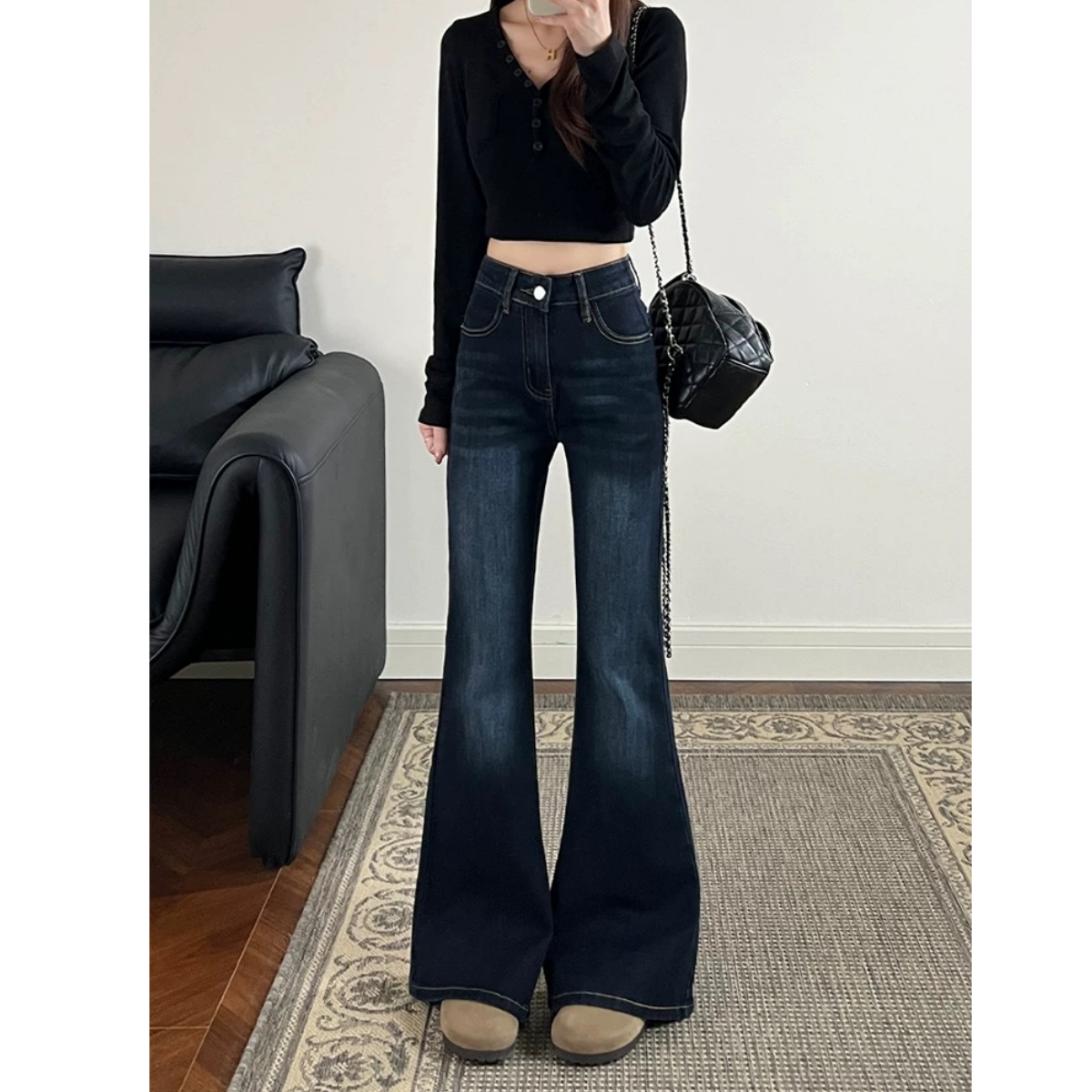 美式辣妹微喇叭牛仔裤女款秋季深色裤子低腰修身显瘦直筒马蹄裤子