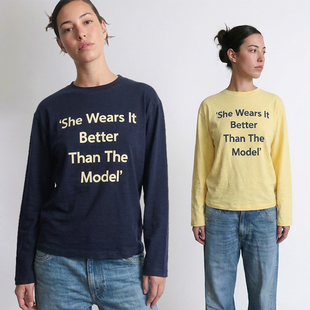 PCLA T恤 竹节纹肌理慵懒假日感亲肤透气英文标语复古宽松长袖