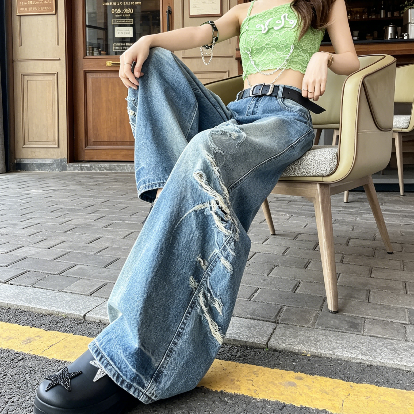 美式街头阔腿牛仔裤女2026夏新款遮胯破洞毛边显腿直百搭长裤潮酷