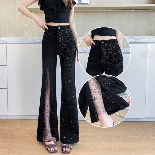 辣妹风黑色满天星烫钻牛仔裤女高腰显瘦垂感蕾丝开叉微喇拖地长裤