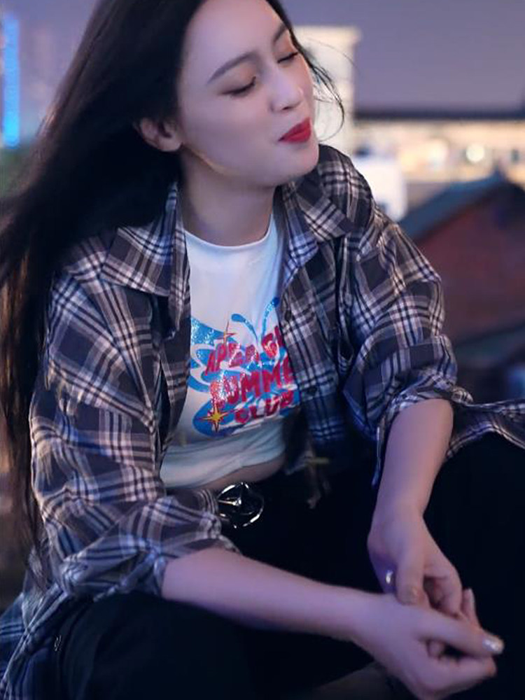 唐艺同款复古格子长袖衬衫女