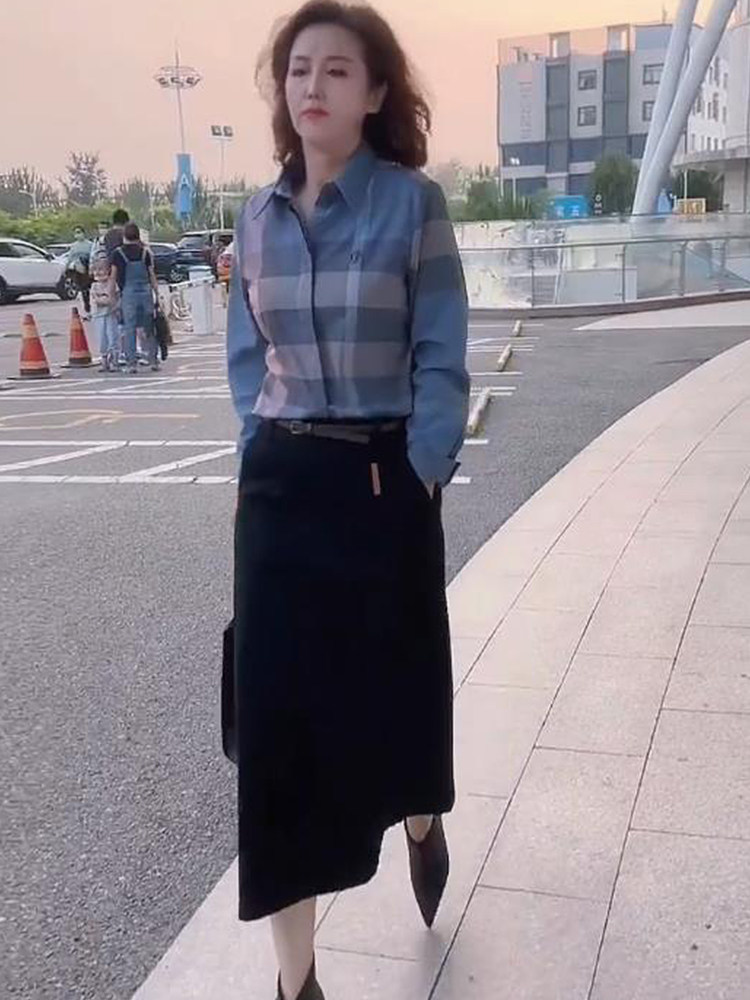 格纹气质长袖衬衫半身裙套装