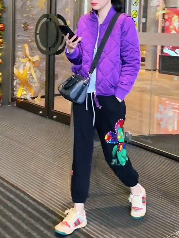宽松轻薄紫色棒球服菱格棉服套装