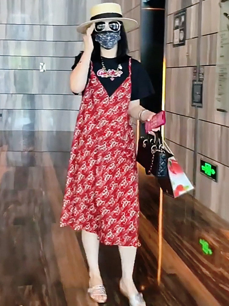 假两件印花减龄连衣裙女