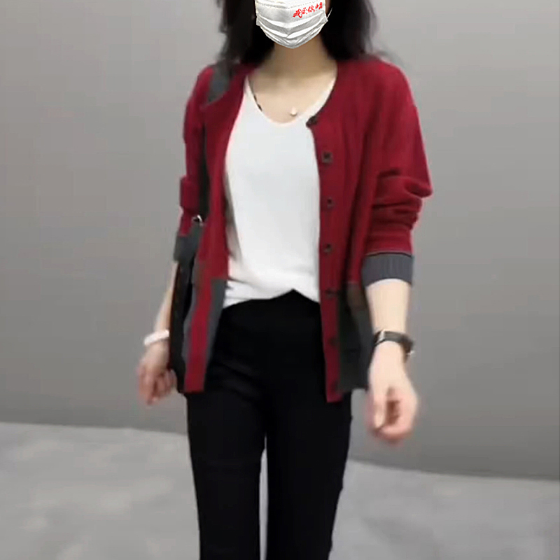 法式复古撞色针织开衫套装