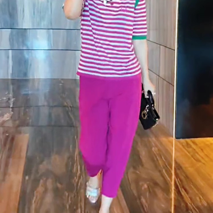 2024年新款时尚条纹短袖T恤上衣女火龙果色显瘦小脚休闲裤两件套