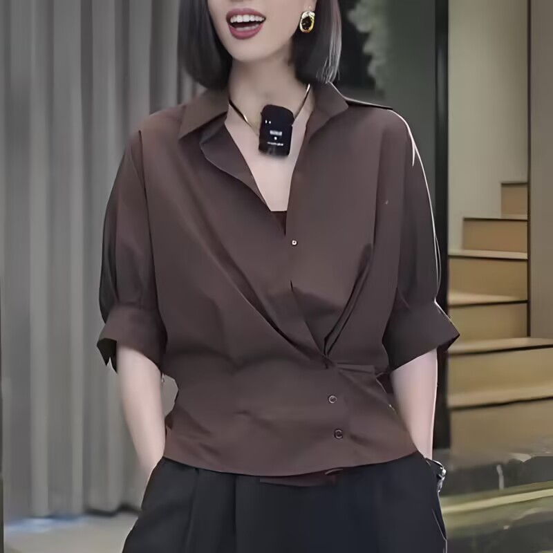 高级感法式气质咖色收腰半袖衬衫