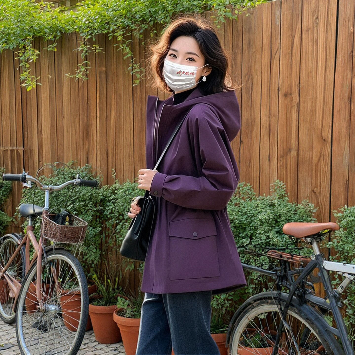 秋季新款冲锋衣紫色连帽外套