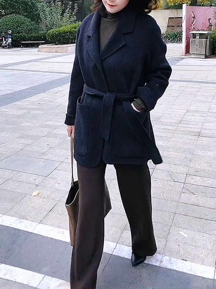 大衣女短款黑色羊毛呢子外套套装