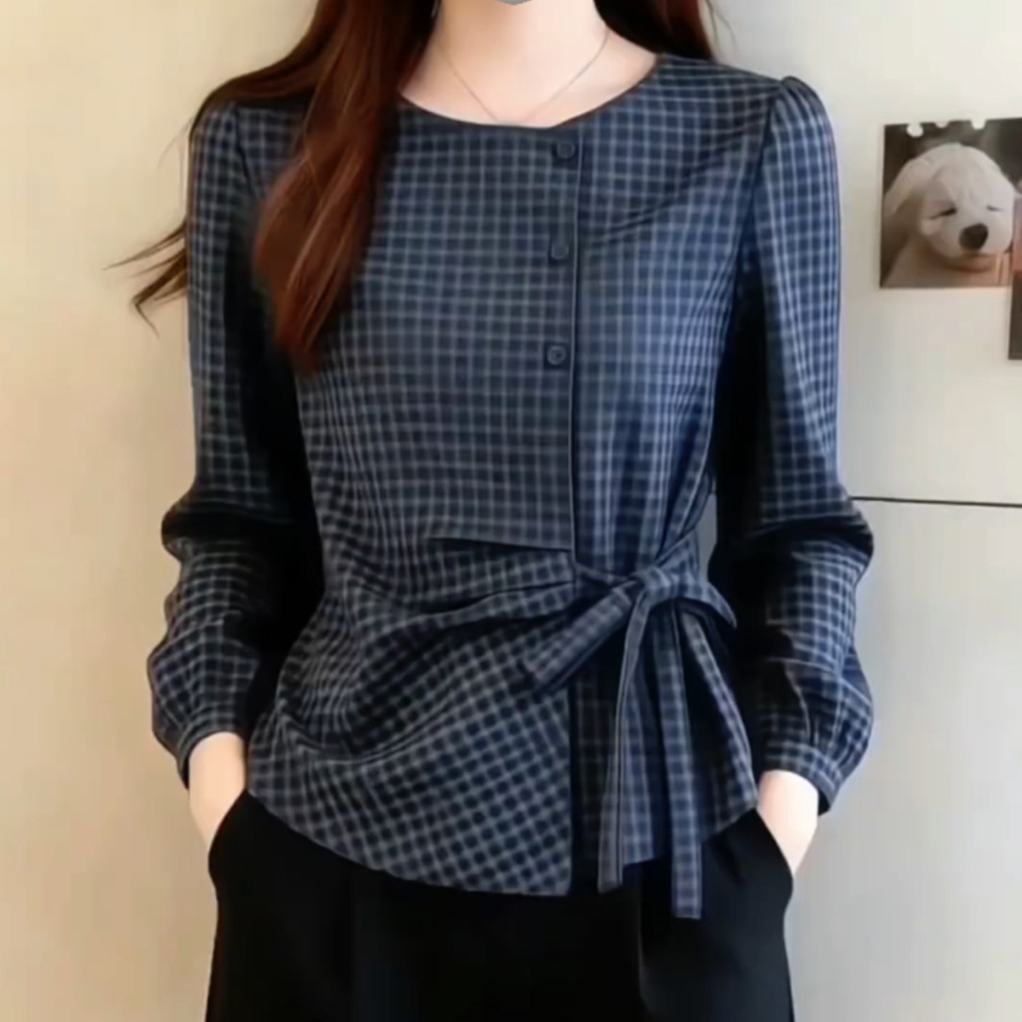春季设计感收腰复古格子衬衫女