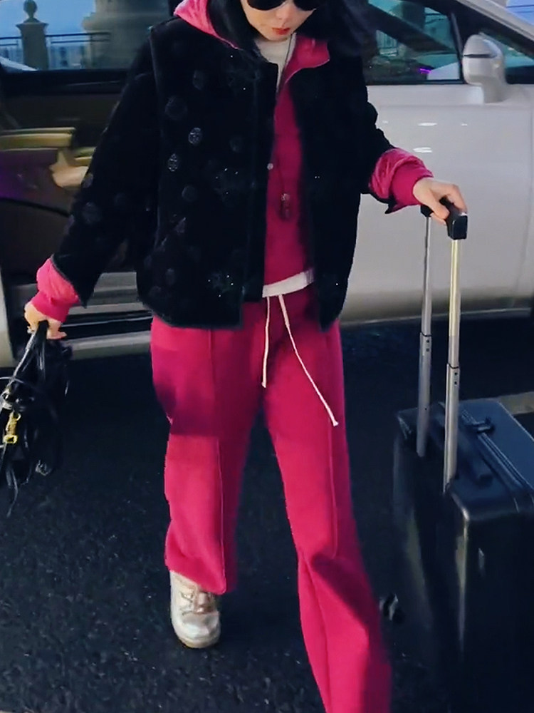宽松黑色提花短款棉服棒球服套装