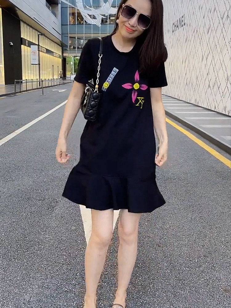 百褶裙字母印花短袖T裙女